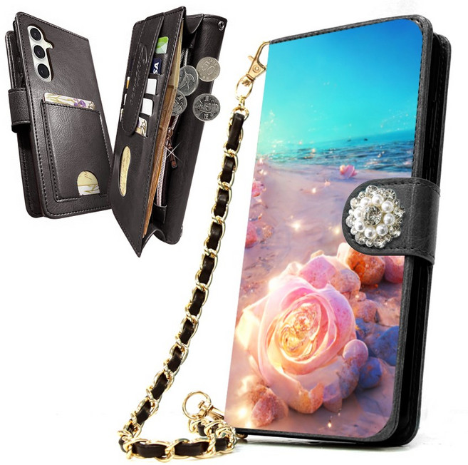 [블랙] 내부지퍼 빽 포켓 다이어리 드림셸 꽃 플라워 DIA 카드지폐수납 여름 감성 바다 와 함께 빛나는 예쁜 다이어리 핸드폰 케이스 + 손목 줄 체인 스트랩