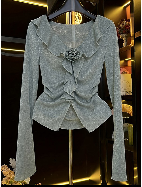 Kdragon 여성 브이 넥 입체 플라워 포인트 셔링 슬림 언발 니트 블라우스