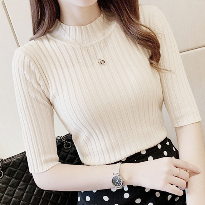 후쿠호 1+1 여성용 반목 폴라 5부 반팔 니트 티셔츠