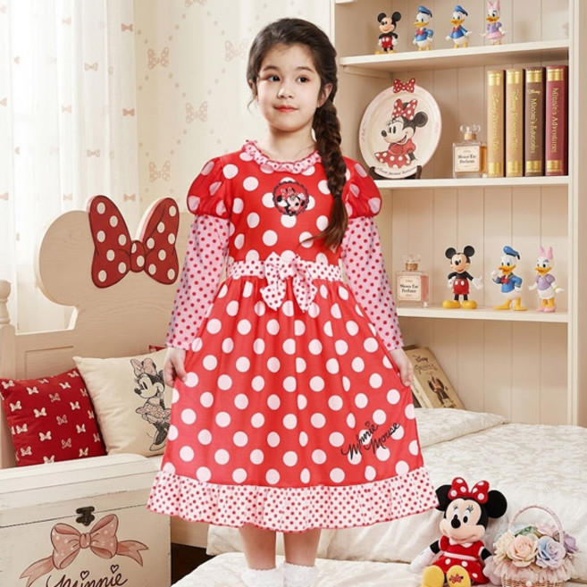 여아용 미니마우스 땡땡이 롱 원피스 팔 실내복 원피스 공주 드레스