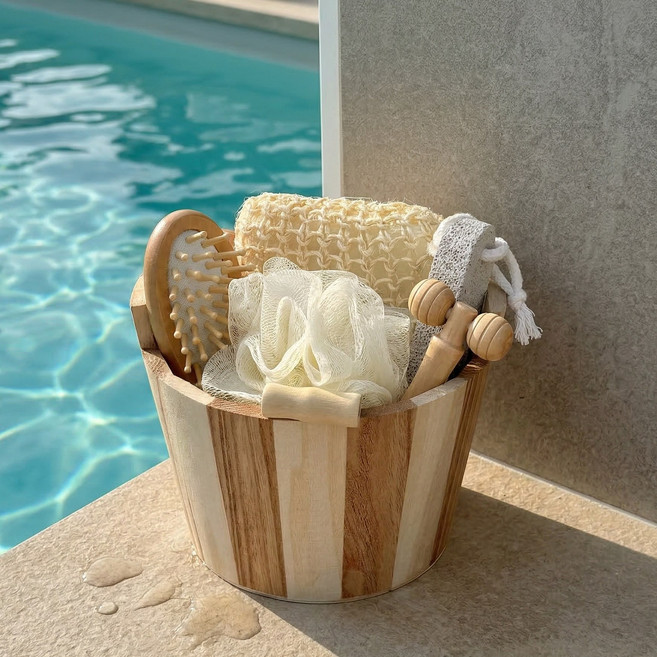 딜라이트홈 힐링우드 목욕용품세트(빗/각질제거/샤워볼/마사지봉), 단일