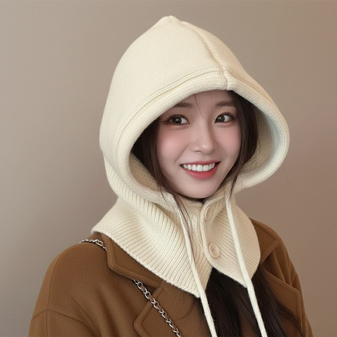 데니벨 니트 바라클라바 캐시미어 후드 넥워머, 아이보리, 1개