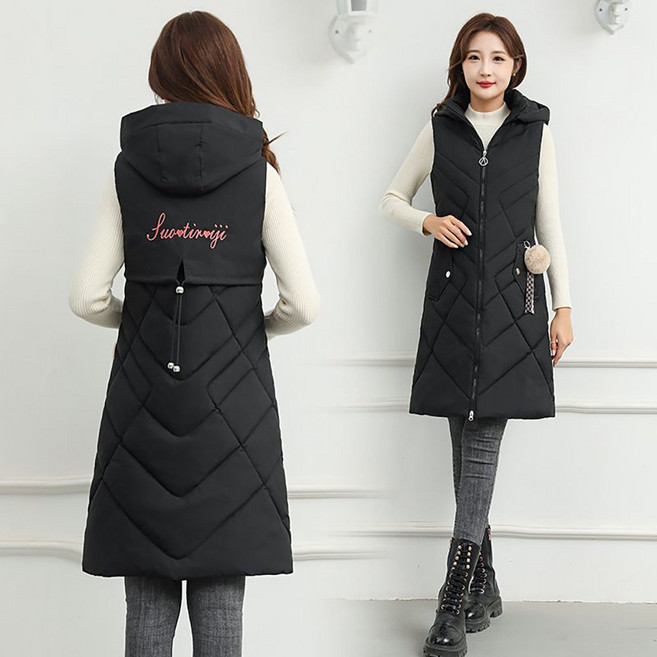 ROYALBELLE 여성 다운코튼 롱 조끼 레저 빅사이즈 후드 베스트 외투 X32625