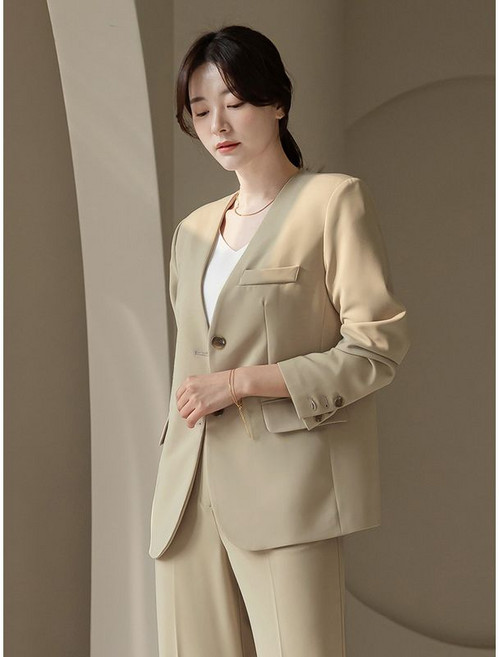 시크라인 XL까지 노카라 어깨패드 투버튼 자켓 봄 가을 오피스룩 하객룩 모임룩 미시룩 빅사이즈