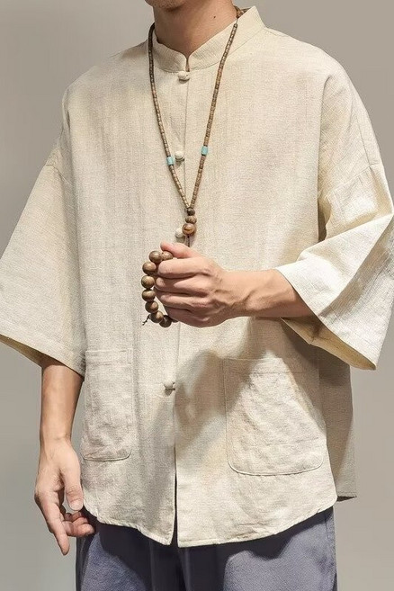 男士棉麻中山領七分袖上衣