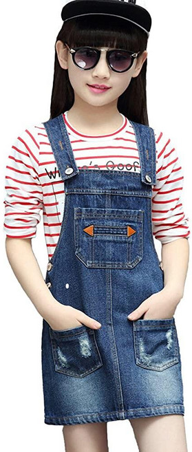 KIDSCOOL SPACE Baby Little Girls Fox Flowers 자수 레이스 데님 오버롤 드레스 블루-2274 [호환]