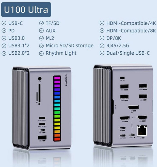Hagibis USB C 도킹 스테이션 듀얼 HDMI 모니터 M.2 SSD 인클로저 이더넷 100W PD USB 허브 SD TF-U100 U100 프로 U100 울트라, [01] U100 Ultra, 1개