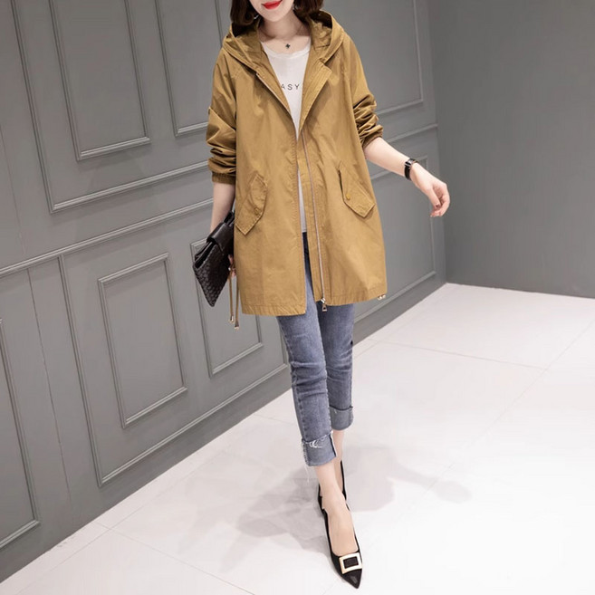 봄 가을 트렌치 얇은 롱 여성 베이직 계절 후드 집업 아우터 기질 캐주얼 포인트 엘레강스 간절기용 아우터 포켓 빅사이즈