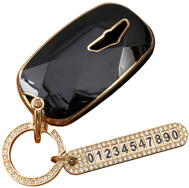 현대 G70 G80 G90 GV70 GV80 GV90 호환 스마트 키 TPU 케이스 번호판 큐빅 키홀더 키링, 7버튼 TA88_KH03, 블랙골드