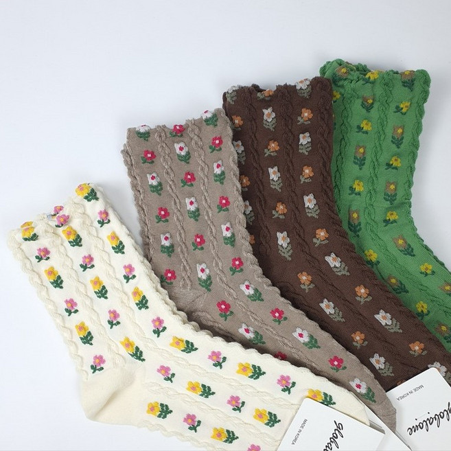 첫눈에반하다 튤립 중목 꽃양말 러플 프릴 레이스 플라워 여성 패션 꽃무늬 레트로 꽃자수 양말 망사