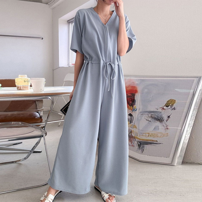 마더라이크 반팔 집업 점프수트 브이넥 와이드핏 멜빵바지 간절기 임산부 팬츠 임부복