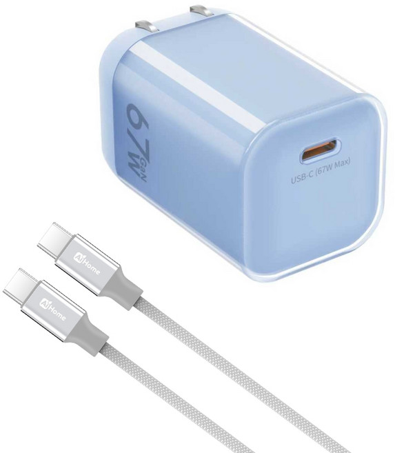 AiHome 67W GaN 氮化鎵充電器, 67W氮化鎵-藍色快充頭+1米快充線C轉C, 1個