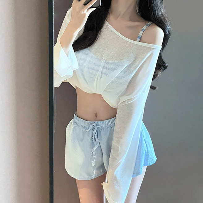 메이리앤 여성 수영복 세트 4종 밀키블루 커버업 오프숄더 긴팔 반바지 비키니