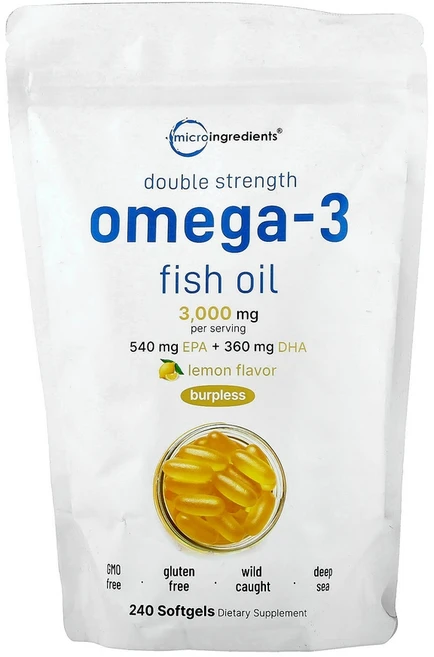Micro Ingredients 더블 스트렝스 오메가3 피쉬 오일 레몬 소프트젤 240정, Micro IngRed 레드ients, 더블 스트렝스,, 1개 - 쿠팡