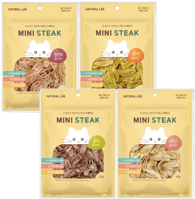 네츄럴랩 미니 스테이크 고양이 간식, 4가지맛(오리+치킨+칠면조+연어), 50g, 4개 - 쿠팡
