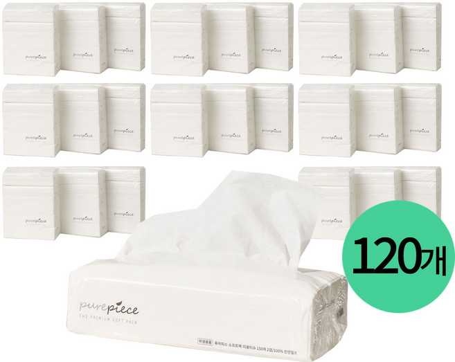 퓨어피스 먼지없는 뽑아쓰는 팝업티슈 150매입 소프트팩 미용티슈 비염티슈, 120개