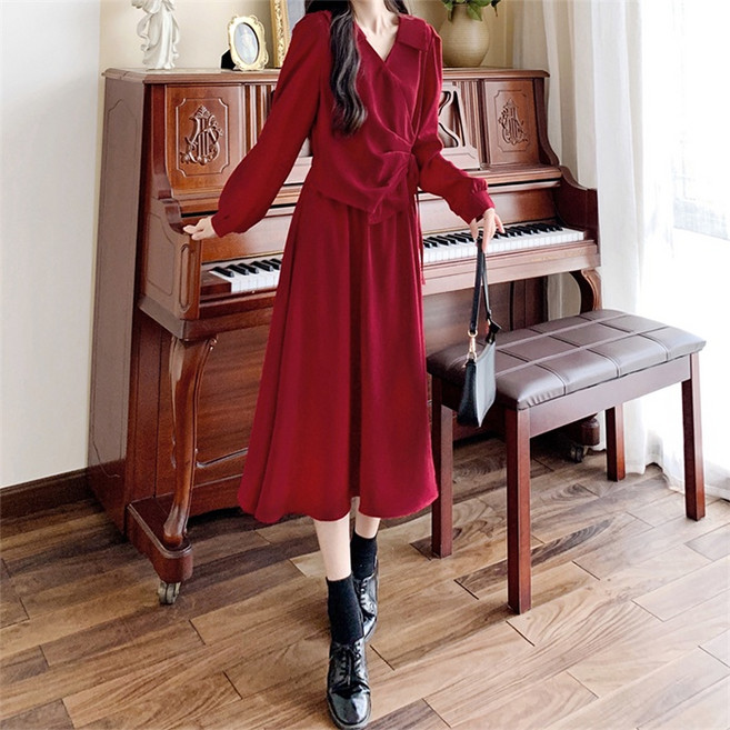 CHU FASHION 韓國正品輕熟風簡約氣質收腰長袖連身裙, 紅色