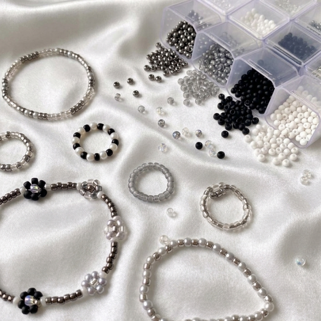 뮤네플 실패없는 조합 비즈 공예 반지 팔찌 만들기세트, 1개, 블랙+화이트