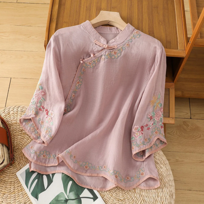 斜襟中式刺繡棉麻上衣 盤扣文藝風