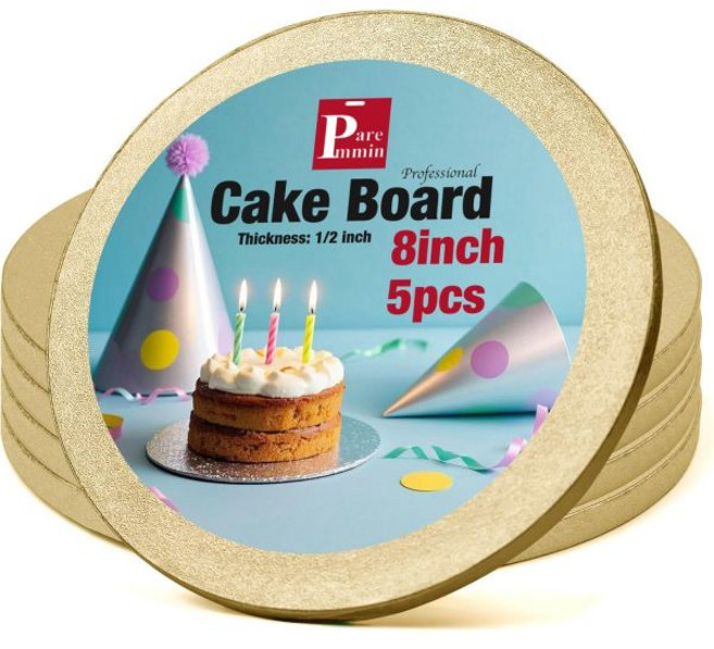 5Pcs 12인치 골드 원형 케이크 보드 부드러운 직선 모서리 방수 및 기능이 있는 1/2인치 두꺼운 튼튼한 드럼, Gold, 8"