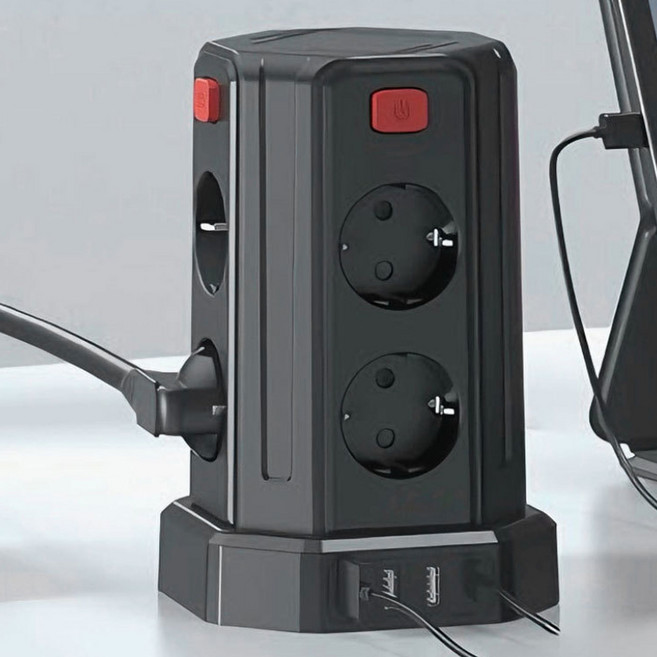 [KC인증] 4000W 고용량 타워 멀티탭 8구, 1개, 블랙, 3m