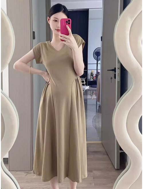 DIU 孕婦裝連衣裙夏裝顯瘦氣質V領裙子夏款新款短袖長款裙子