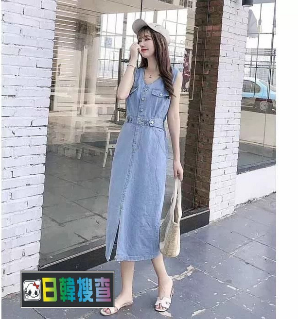 單寧V領牛仔背心洋裝 簡約修身顯瘦百搭, 深