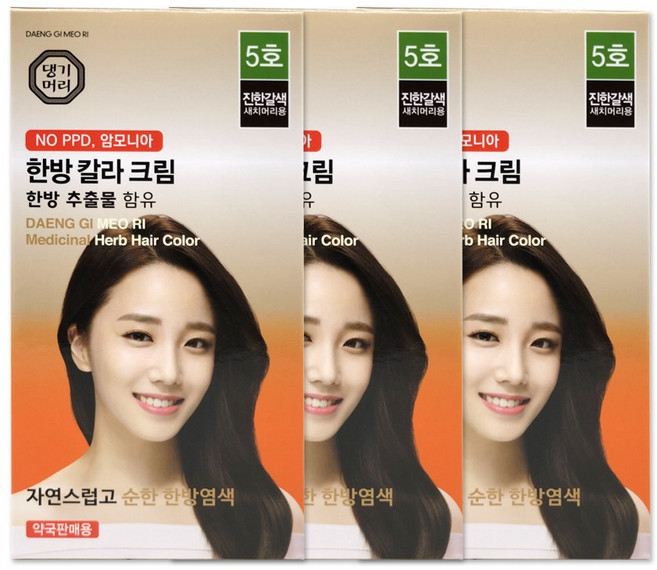 댕기머리 한방칼라크림 새치염색약 5호 진한갈색 3개 한방염색약