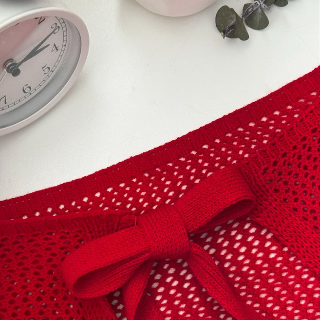 綁帶洞洞針織襯裙 一片式 半裙 蝴蝶結 疊穿圍裙 蕾絲網紗透膚襯裙