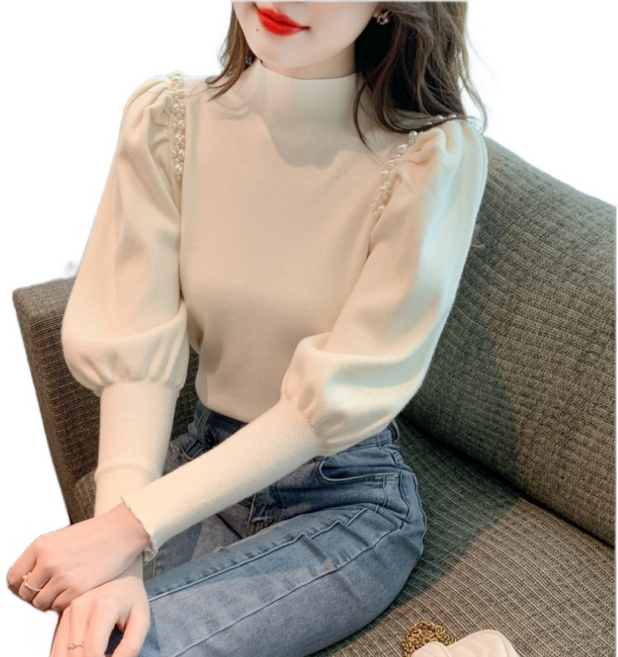 여성 겨울 니트 퍼프 슬리브 우아한 스웨터 진주비즈