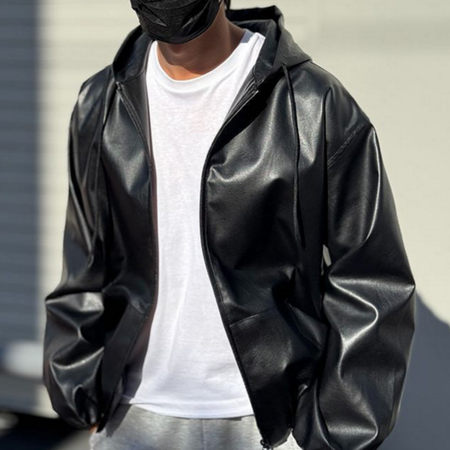 시온 오버핏 후드 레더 가죽자켓