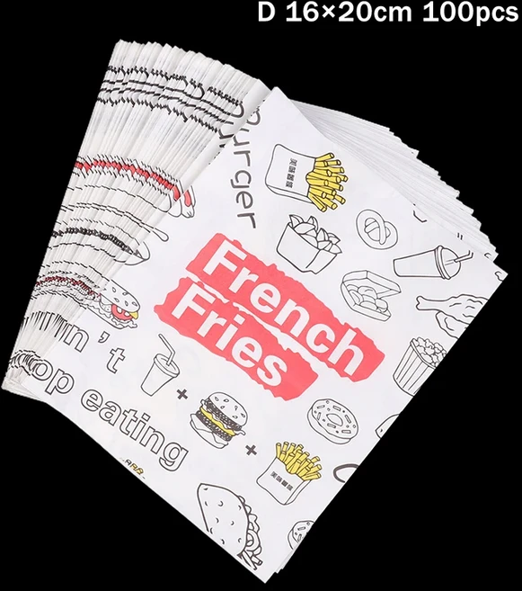 ♥패스트푸드 일회용 종이봉투 레스토랑/간식 가게용 프렌치프라이/버거 인쇄 테이크아웃 100개, 03 D