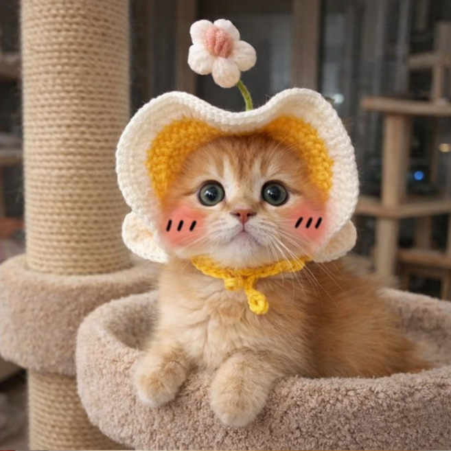 J9 고양이 강아지 꽃모자 반려묘 반려견 패션 소품 코스튬, 1개, 노랑