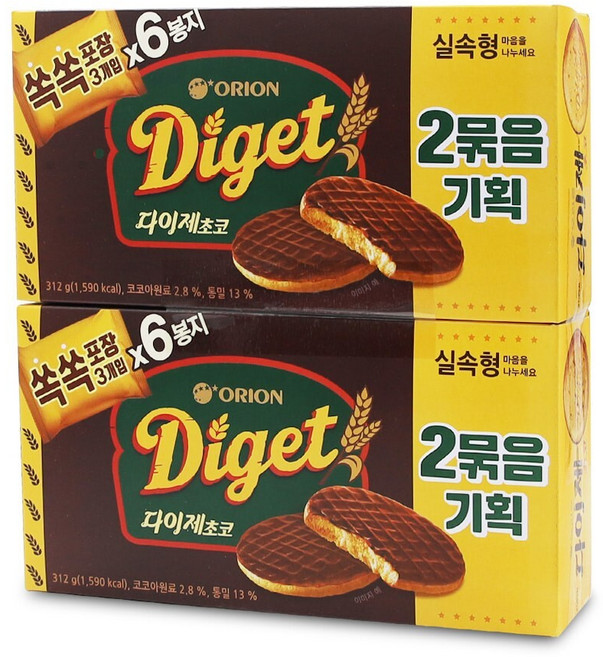 주전부리 간식 다이제 초코 과자 312g 2입 달콤 바삭 사무실 회사 군것질, 1개