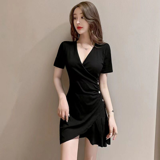 韓版氣質收腰顯瘦褶皺不規則小黑裙連衣裙女, XL 105-115斤
