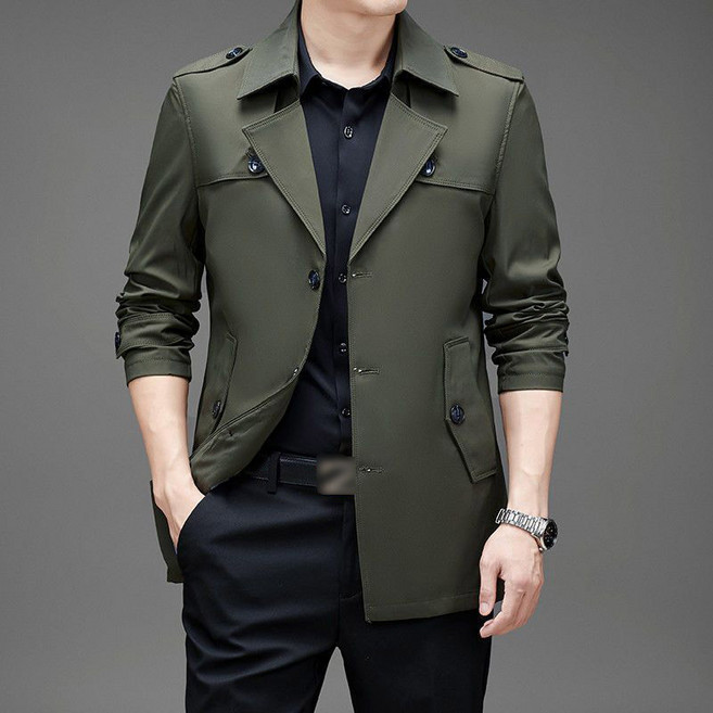 남성 가을봄 중기장 트렌치코트 폴라 칼라 루즈 핏 큰 사이즈 코트 통풍성 캐주얼 외투 단일 코트 아우터 비즈니스 데일리 웨어 남성 외투 슬릿 없는