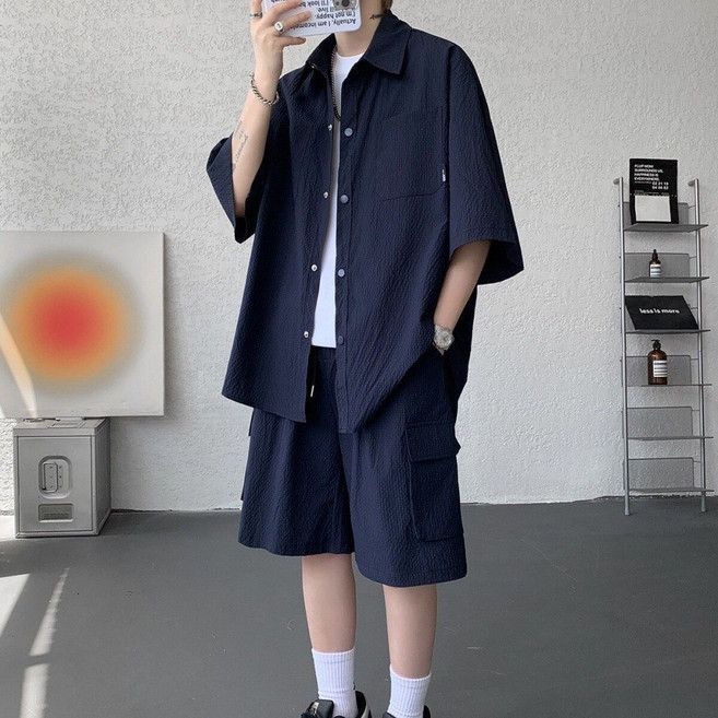 COSYEVNO 남성 여름 반팔 셔츠 포켓 반바지 세트 캐주얼 LFHnstz-10