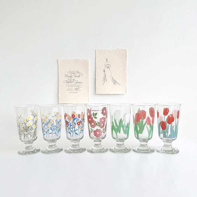 상상공간 레트로 빈티지 플라워 빌보 고블렛잔 아이스아메리카노 홈카페유리컵 칵테일 와인잔, 1. 멀티데이지 고블렛잔, 1개