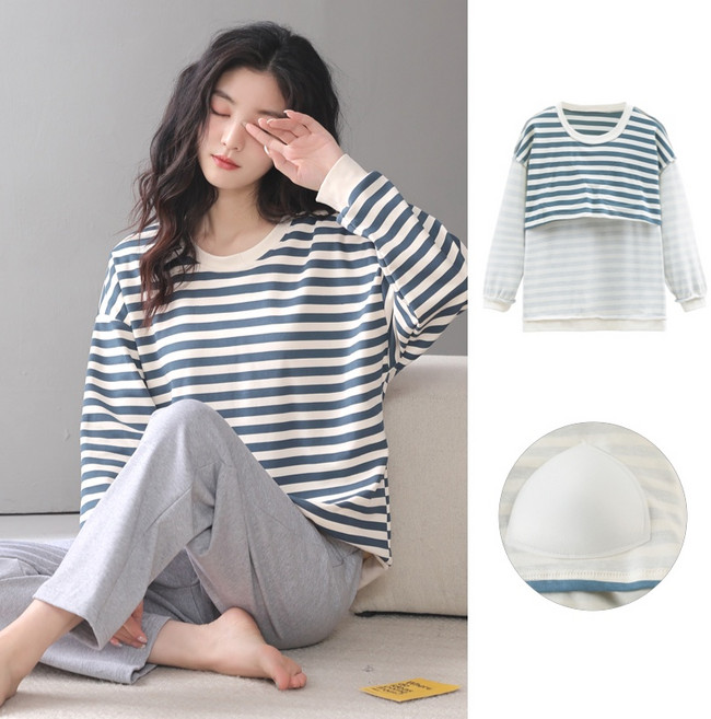 NUNUHANA여성파자마 순면 긴팔잠옷 상하세트 패드 내장