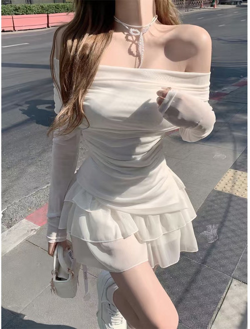 YioYcc여성 망사 오프숄더 긴팔 티 향기 소프트 망사 케이크 스커트 투피스