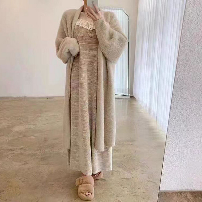 인조 머크 롱 카디건 루즈핏 오버핏 코트형 니트 오픈가디건 여성용 빅사이즈 데일리룩 비보뉴