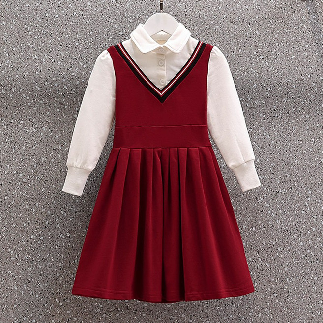 소녀 양털 안감 드레스 2021 새로운 유행 가짜 두 조각 Preppy 스타일 어린이 긴팔 드레스