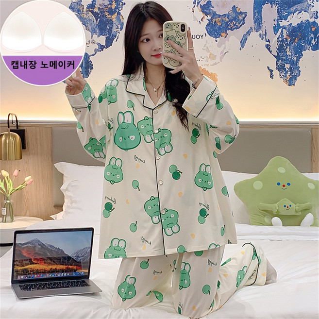 3XL~6XL 봄용 빅사이즈 여성 홈웨어 세트 루즈핏 브이넥 투피스 잠옷 캡내장 노메이커