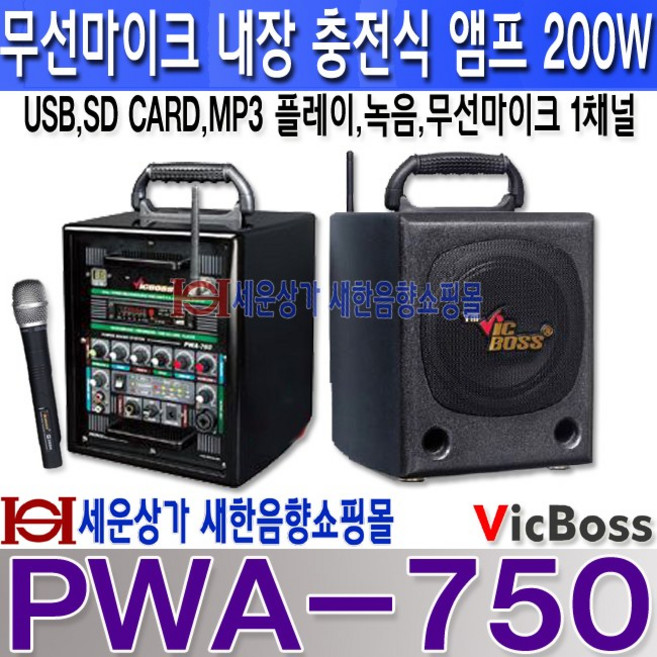VICBOSS PWA-750 200W 충전용앰프 USB SD 녹음 무선마이크 1채널 프린스일렉트로닉스 강의 버스킹 행사 안전교육 섹소폰연주등, 핀마이크형