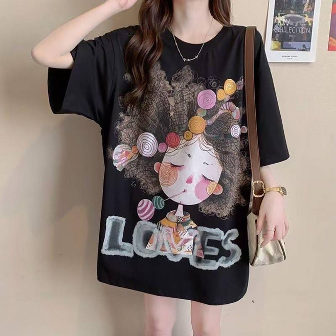 ROYALBELLE 여성 라운드넥 캐릭터 그래픽 레터링 프린트 반팔 얇은 미디 빅사이즈 루즈핏 캐주얼 티셔츠 R0031308