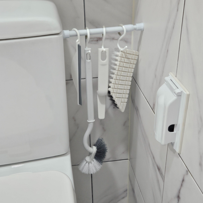 마더리빙 공간활용 압축봉 욕실 청소도구 세트, 압축봉+틈새솔+변기솔+수세미솔+스퀴지+고리5P, 1세트, 혼합색상