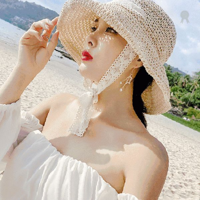 여성 밀짚 모자 넓은챙 햇빛가리개 여름 해변 바캉스 패션 액세서리