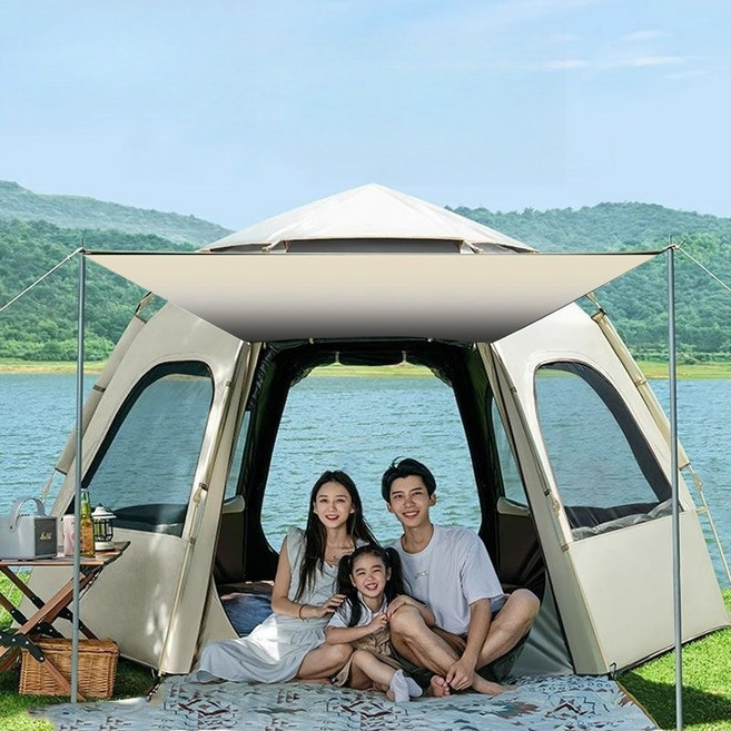 시스슈 자동 원터치 텐트 육각 돔텐트 대형 캠핑그늘막텐트, 3~4인용(240*210*135CM)