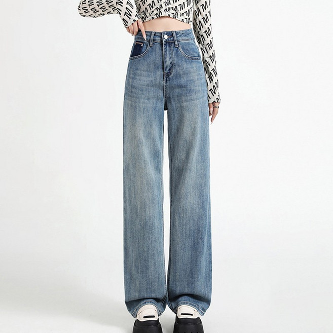 SAHINER 여성 스판 와이드 데님 팬츠