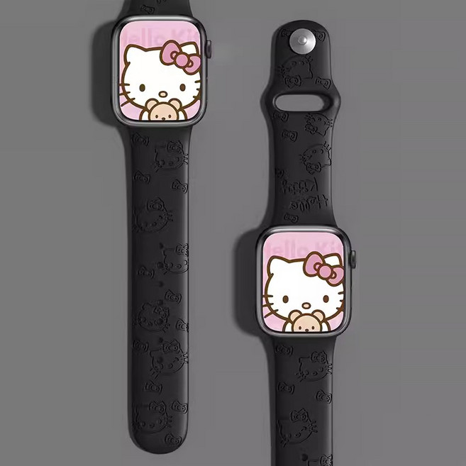 시나모롤 헬로 키티 스트랩 애플워치밴드 호환 아이폰워치 스트랩 +Integrated International Trade Co. Ltd 머리핀, 블랙 헬로키티, 1개